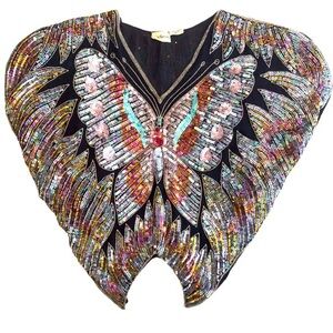 VINTAGE Butterfly Sequin Boho Silk Crop Poncho | One Size | Beyoncé Vibes